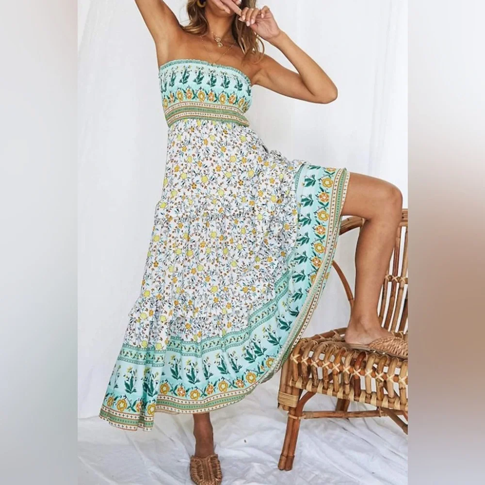 NWT Floral Boho Maxi Dress with Green Accents S - Picture 6 of 12